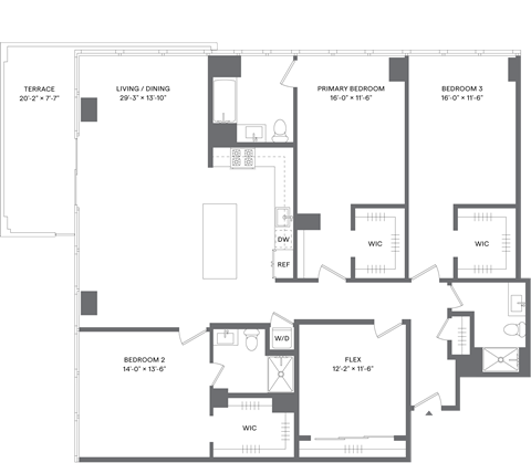 Floor plan for 3 beds, 3 baths, 2000 sqft